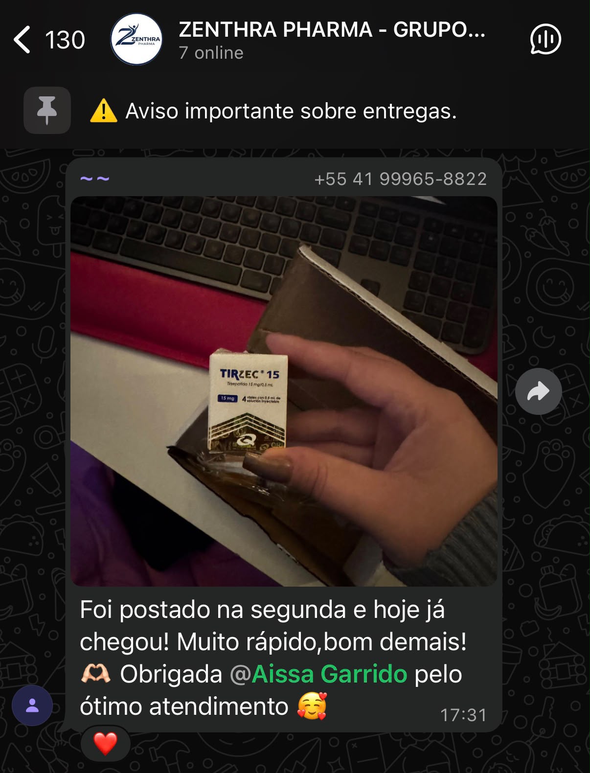 Print real de depoimento de cliente Zenthra no WhatsApp